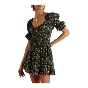 Doen Black Mini Dress with Yellow Floral Print